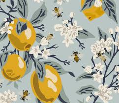 Colorful Fabrics Digitally Printed By Spoonflower Bees Lemons Jumbo Blue Original Colors Fruit Wallpaper Wallpaper Bee Decor