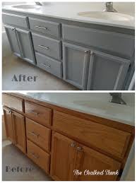 The paint won't adhere correctly to the vanity if you try to paint it as is, and you'll end up with a subpar look. Painted Bathroom Vanity In Rustoleum Chalked Up Aged Gray Painted Vanity Bathroom Grey Bathroom Cabinets Painting Bathroom Cabinets