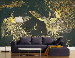 Decoration Style Asiatique Papier Peint Chinois Sur Mesure Tapisserie Numerique Phenix Dore Sur Fond Noir Atelier Wybo Papier Peint Peinture Murale Et Peintures Asiatiques