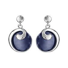 Boucles d'oreilles pendantes en argent rhodié rond en céramique bleu marine  avec moitié du tour lisse et fermoir poussette