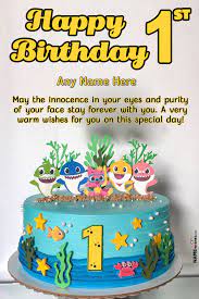 First birthday cake designs for baby boy with name. Baby Shark 1st Birthday Cake With Name Edit Online