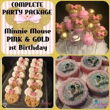 1st Birthday Rice Krispie Treats Party Package Minnie Mouse Rice Krispie Treats Cake Pops And Chocolate Oreos Baby Minnie Mouse 1st Birthday Pink Gold White Pink Desserts Birthday Cupcakes Cake Pops