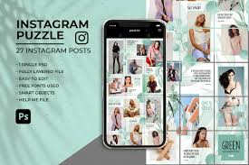 Photoshop psd file mockup resolution: Green Social Media Instagram Puzzle Feed In Social Media Templates On Yellow Images Creative Store