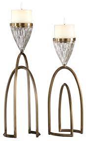 Graceful and simple, tall stemmed candle holders are stable for wedding centerpiece decorations. Mid Century Modern Candle Holder Set Of 2 Coffee Bronze Glass Open Arch Pillar Contemporary Candleholders By My Swanky Home Houzz
