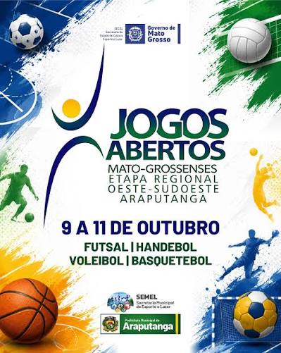 Jogos Abertos 2026: Araputanga recebe 576 atletas em competi&ccedil;&atilde;o regional A etapa regional dos Jogos Abertos Mato-grossenses 2026 acontece entre 9 e 11 de outubro em Araputanga, munic&iacute;pio situado a 33