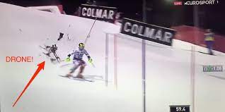 The international ski federation is banning camera drones from its world cup races after a drone crashed and nearly hit austrian skier marcel hirscher during a slalom in italy. Video Drone Nearly Crashes Into Skier Marcel Hirscher During Race