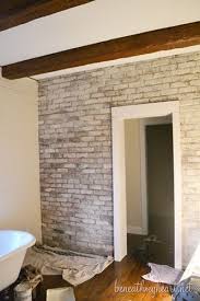 How To White Wash Brick Bathroom Update Beneath My Heart White Wash Brick Brick Bathroom White Wash Brick Fireplace