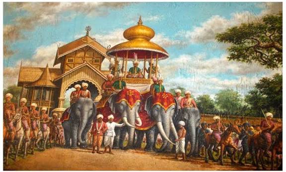 File:A classical Meitei painting depicting Meitei king Chandrakirti, the ruler of Kangleipak (Manipur), riding on elephants, on the way to “Jila Durbar” (“Jila Darbar”) to meet Lord Northbrook, the then Viceroy of