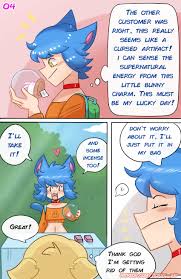 Rule 34 Dev - general:[belly blue_hair blue_tail body_control  bottomwear cat_tail choker clothing cursed_object dialogue  duo femboy hair hotpants jewelry male markings minishorts  necklace possession shorts ...