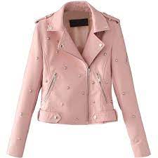 Pink Stud Detail Leather Look Biker Jacket 54 Liked On Polyvore Featuring Outerwear Jackets Faux L Pink Leather Jacket Women Overcoat Denim Jacket Women