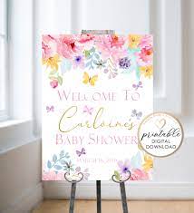 Baby Shower Welcome Sign Baby Shower Sign Pink Floral Baby Etsy Baby Shower Welcome Sign Welcome Baby Signs Butterfly Baby Shower