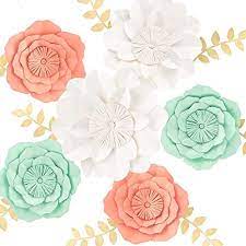 Bride bridal wedding bouquet baby breath + lilies. Amazon De 3d Paper Flower Decorations Giant Paper Flowers Large Handcrafted Paper Flowers Mint Coral White Set Of 6 For Wedding Backdrop Bridal Shower Table Centerpieces Nursery Wall Decor