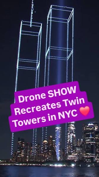 Drones recreated the Twin Towers above New York Harbour, honouring the victims of the September 11 attacks ahead of the 25th anniversary., #nyc #newyork #usa🇺🇸 #manhattan #droneshow , New York / USA / ...