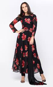 Black Red Floral Flared Dress Printed Salwaar Suits I