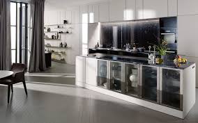 Loft With Glass Display Shelves On Living Room Side Of Kitchen Counter And Black Marble Backsplash Behin Moderne Keukens Interieurontwerp Keuken Keuken Ontwerp