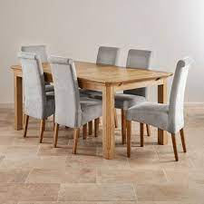 Edinburgh Natural Solid Oak Dining Set 6ft Extending Table With 6 Scroll Back Grey Fabric Chairs Oak Dining Sets Dining Table Chairs Fabric Dining Room