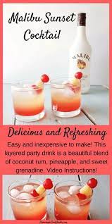 With minimal and tasty ingredients this malibu sunset is a delicious, fruity and easy drink recipe that you can whip up in no time at all! Malibu Sunset Cocktail Is Easy To Make Inexpensive And Beautiful Party Drink Enjoy Sunset Cocktail Recipe Mixed Drinks Recipes Malibu Sunset Cocktail Recipe