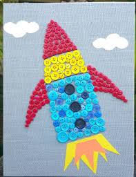 Button Art Rocket Canvas Craft Panel Art Baby Nursery Art Kids Boys Play Room Art Classroom Art Button Art Button Crafts Canvas Crafts