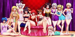12girls 6+girls akeno himejima animal ears asia argento barefoot  black hair blonde hair blue eyes blue hair breasts brown eyes brown hair  cat ears cleavage drill hair female female