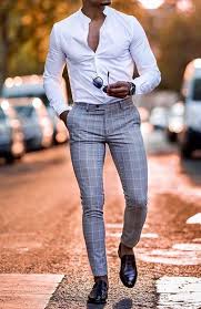Try Out This Perfect Summer Look Gentlemen A Fitted White Dress Shirt Tucked Into Grey An Mens Fashion Casual Outfits Mens Casual Outfits Stylish Mens Outfits