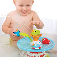 A battery operated bath spout that easily attaches and draws water from the tub creating an endless stream without wasting water from the bath tap. Stack N Spray Tub Fountain Baby Bath Toys Yookidoo