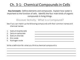 Ch 3 1 Chemical Compounds In Cells Key Concepts Define Elements And Compounds Explain How Water Is Important To The Function Cells Worksheet Cell Chemical