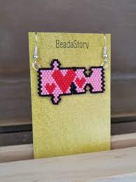 Jigsaw Puzzle Pieces Pink With Red Hearts Earrings Seed Bead Earrings Pink Mismatched Earrings Valentine Gift For Girlfriend Valentine Valentine Gifts For Girlfriend Valentine Gifts