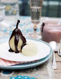 Poires Belle Helene Poached Pears With Rich Chocolate Sauce Recipe Rich Chocolate Sauce Rachel Khoo Recipes Dessert Recipes