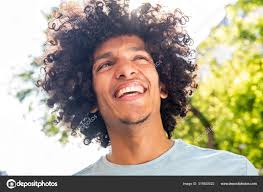 Close Portrait Handsome Young North African Man Afro Hair Smiling — Stock  Photo © mimagephotos #319920022