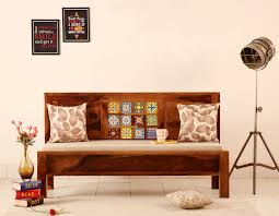 Buy Boho Bench With Back Rest Honey Finish Online In India Wooden Street Bench With Back Wooden Street Living Room Furniture