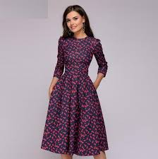 Women Elegent A Line Dress 2018 Vintage Printing Party Vestidos Free Shipping Fashion Clothing Shoes Casual Silk Dresses Spring Dresses Women A Line Dress