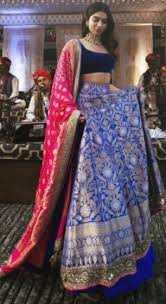 This was janhvi's debut ramp show and she was just impressive. Khushi Kapoor Style Royal Blue Banarasi Silk Wedding Lehenga Choli