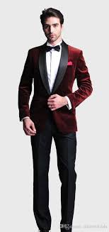 Black And Maroon Tuxedo Burgundy Velvet Slim Fit Groom Tuxedos Wedding Suits Custom Made Groomsmen Best Man Prom Suits Black Pants Prom Suits Mens Suit Stores Black And Red Prom Suits