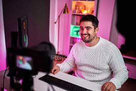 Fully compatible with dimmable led bulbs and dimmer switch the clear glass shade and exposed bulb easily creates lighting ambiance and different moods. Young Streamer On A Room With Multicolor Lights Online Business Stock Photo 470174238