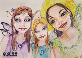 I was reminded of the Cottingley Fairy hoax of 1917, Elsie Wright and  Frances Griffiths, when I saw this painting. At the bottom of the garden,  dressed as girls should be They