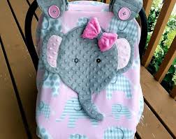 Car Seat Canopy With Peek Aboo Opening Appliqued Elephant Etsy Baby Girl Elephant Baby Elephant Nursery Baby Girls Nursery