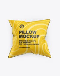 Comfortable red sofa with yellow and blue pillows on white background. Glossy Pillow Mockup In Indoor Advertising Mockups On Yellow Images Object Mockups