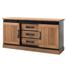 Buffet En Pin Massif Brosse Et Laque Noir 2 Portes Coulissantes 3 Tiroirs 180x53x90cm Sherbrooke Porte Coulissante Enfilade Industrielle Buffet