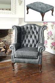 Chesterfield Queen Anne Wingback Chair And Footstool In Vintage Grey Leather Leather Wingback Chair Fireside Chairs Wingback Chair