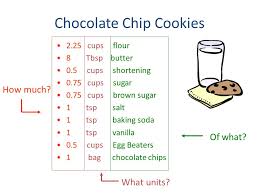 So for 8 we have: Chocolate Chip Cookies 2 25 Cups Flour 8 Tbsp Butter 0 5 Cups Shortening 0 75 Cups Sugar 0 75 Cups Brown Sugar 1 Tsp Salt 1 Tsp Baking Soda 1 Tsp Vanilla Ppt Download