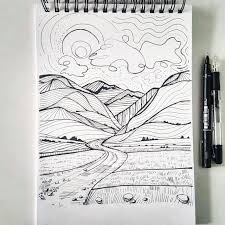 Landscape Drawing In Pen With Mountains Landscapeart Pensketch Pendrawing Patterns Blackandwhite Art Sketchbook Sketch Drawings Landscape Drawings Art