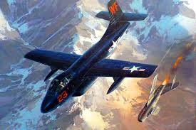 With A Mig 15 Going Down In Flames This Skyknight Scores It S Second Kill In The Korean War 1953 Combat Art Airplane Art Aviation Art