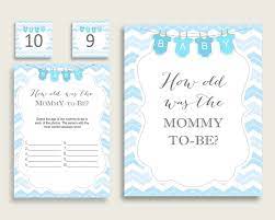 Blue White How Old Was The Mommy To Be Boy Baby Shower Game Printable Chevron Guess Mommy Wishes For Baby Cards Baby Shower Prediction Cards Wishes For Baby