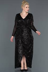 Siyah Bacak Dekolteli Uzun Kol Pullu Buyuk Beden Abiye Abu1122 2020 Elbise Elbise Modelleri The Dress