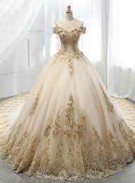 Champagne Ball Gown Tulle Gold Lace Appliques Wedding Dress Lace Applique Wedding Dress Applique Wedding Dress Ball Gowns Wedding