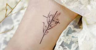 The monochrome rosary wrapped around the. Fine Line Flower Cross Tattoo On The Ankle