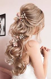 28 Captivating Half Up Half Down Wedding Hairstyles Romantic And Elegant Long Hair With Blush Floral Head Pieces In 2020 Hair Styles Half Up Hair Wedding Hairstyles