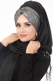 Aise Tesettur Siyah Isiltili Bandana Hazir Sal Tyurban Na Golovu Tyurban Platki Na Golovu