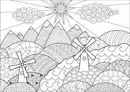 60 complex and beautiful coloring pages with high detail. Landscape With Mills Landscapes Adult Coloring Pages