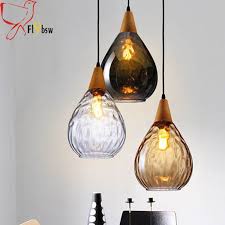 Nordic Creative Water Drop Shape Glass Pendant Lamp Dia 16 20cm Gray Amber Clear Glass Bottle Wood Glass Pendant Lamp Glass Pendant Light Cheap Pendant Lights